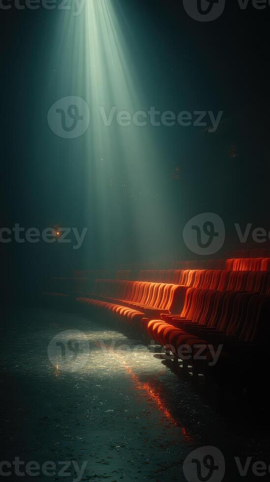 Mysterious theater seats illuminated by a beam of light in a dimly lit performing arts venue photo