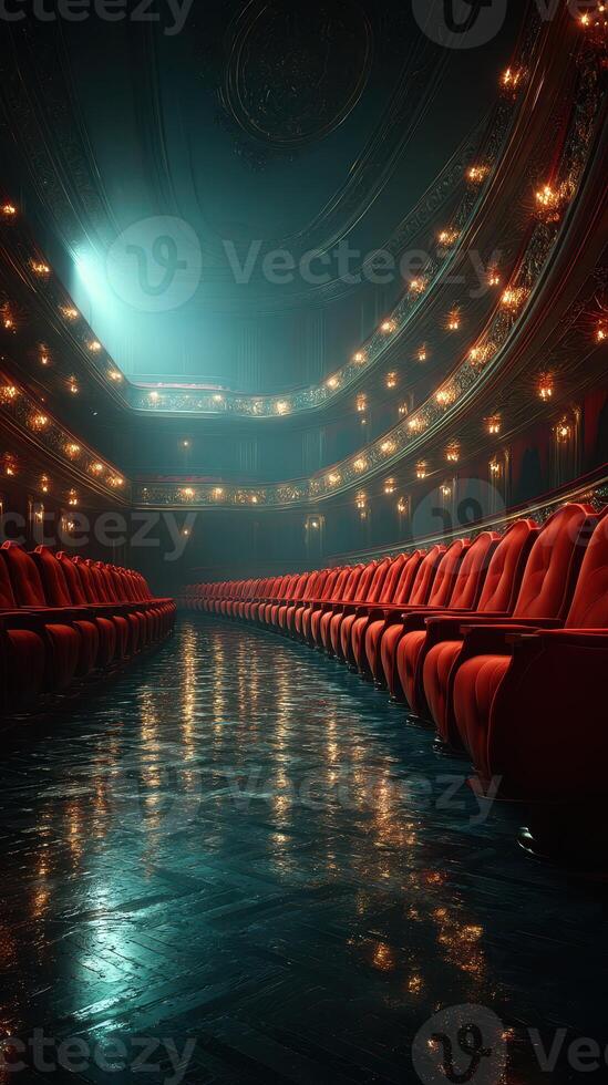 Elegant red seats await audience in a grand theater illuminated by soft lights and dramatic shadows photo