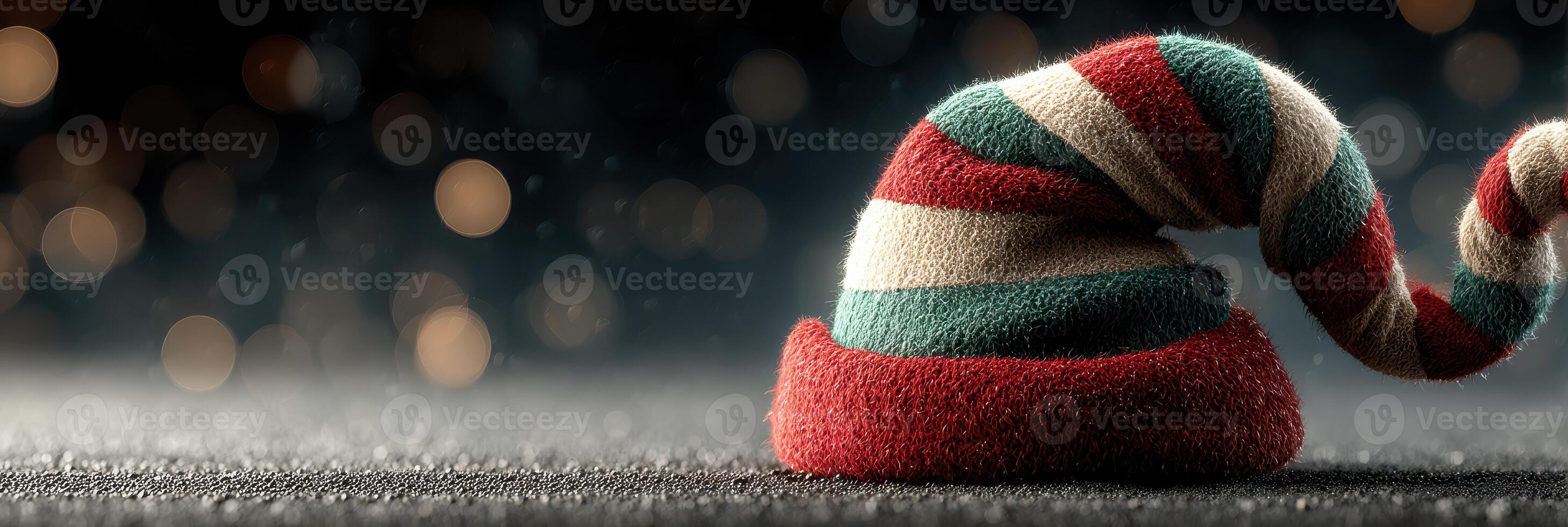 Colorful elf hat resting on a dark surface with soft glowing lights in the background during a festive holiday season photo
