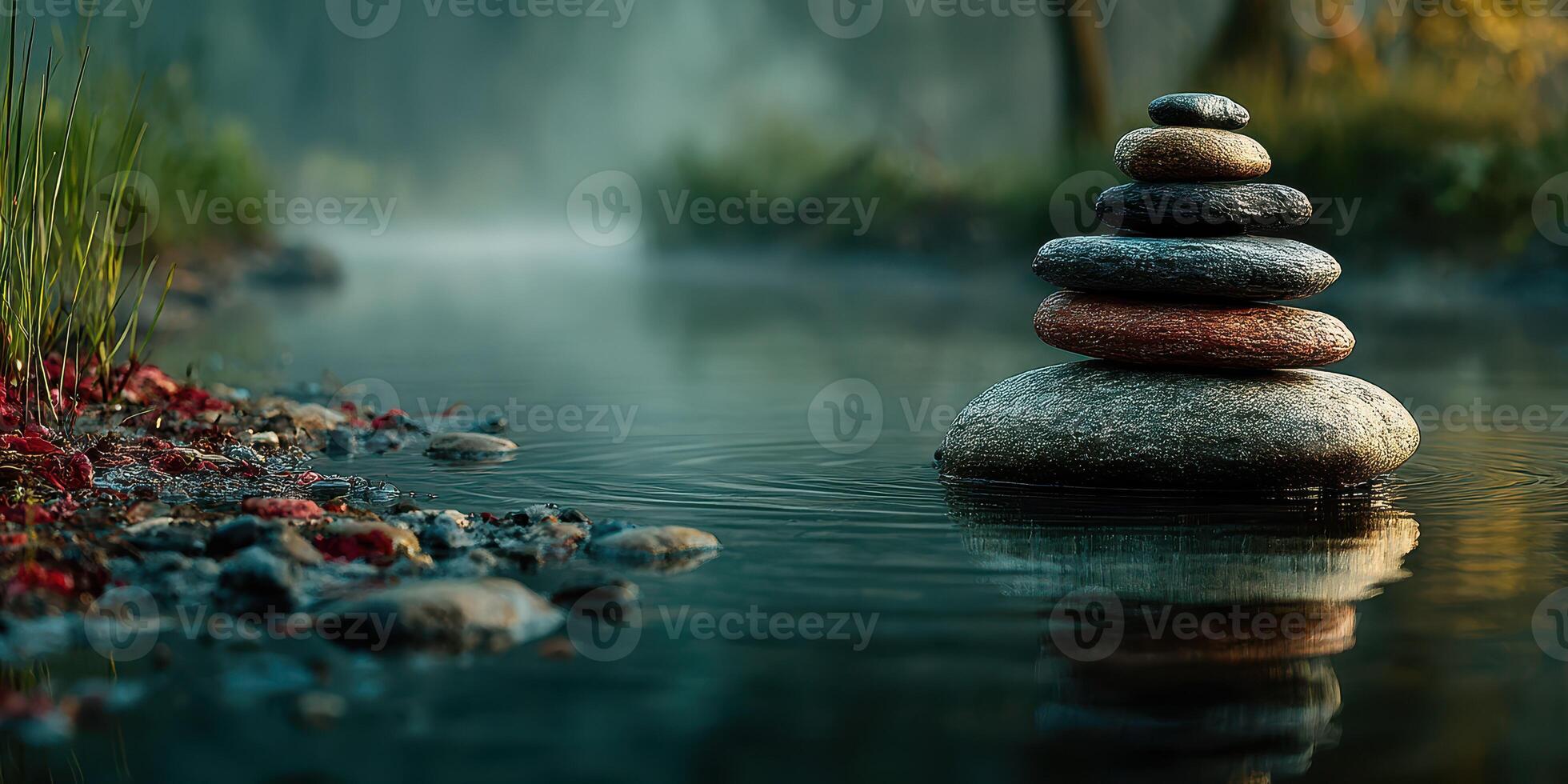 Serene stone stack balances on a calm riverbank surrounded by lush greenery photo