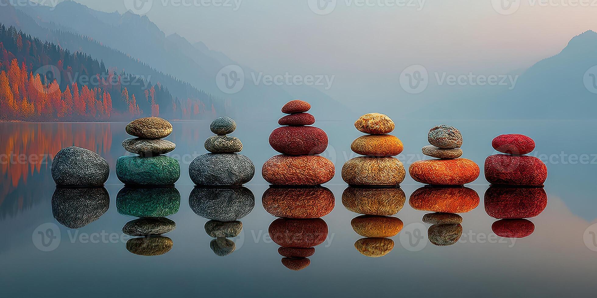 Balancing stones create a tranquil display by the calm lake at dawn in a serene natural setting photo