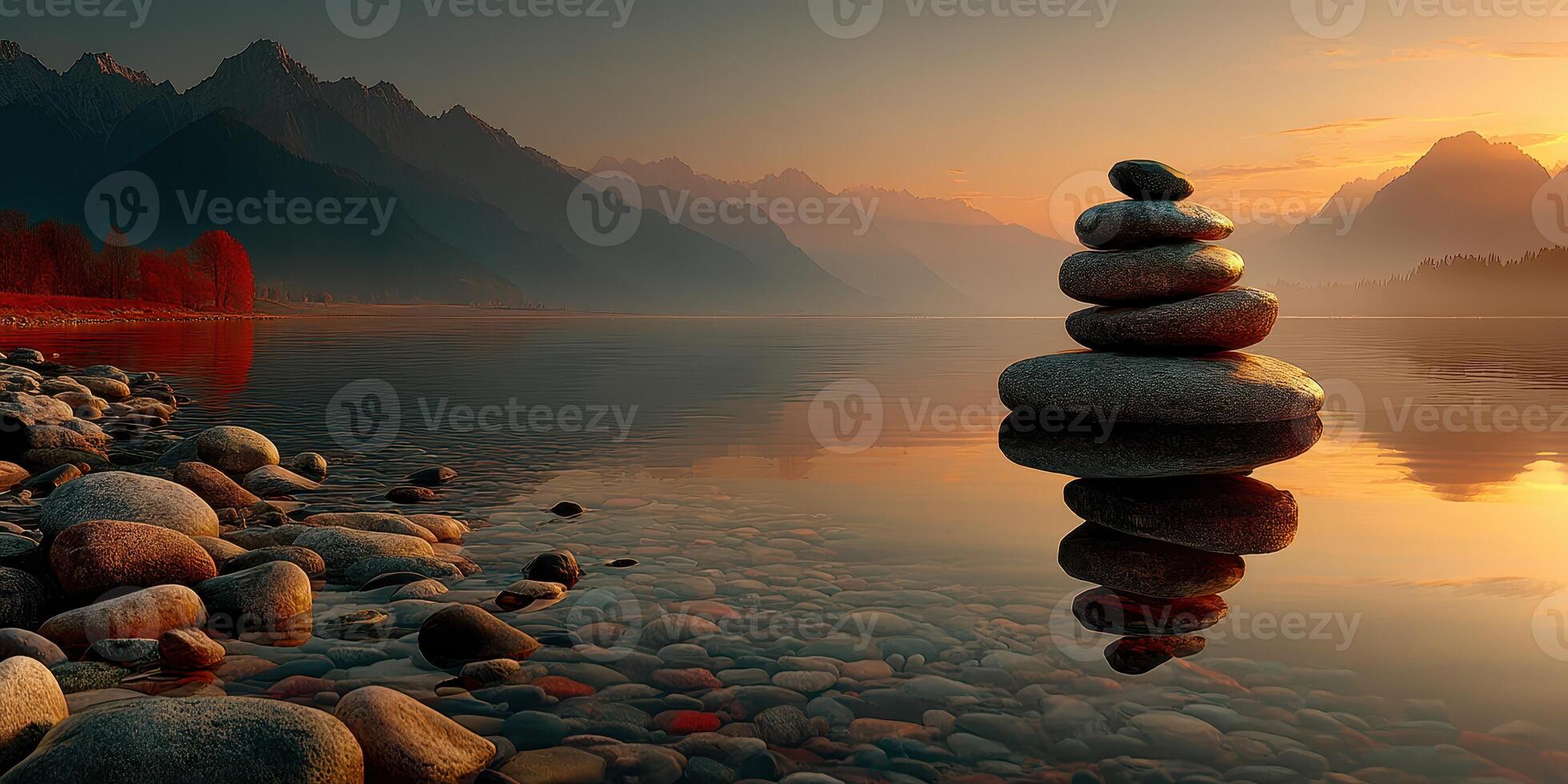 Sunset reflection over calm lake with stacked stones near mountains in peaceful setting photo
