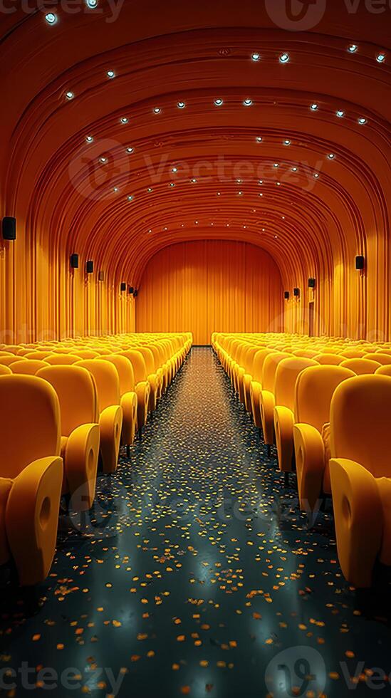 Bright yellow theater interior with curved architecture and scattered confetti on the floor during an empty performance photo