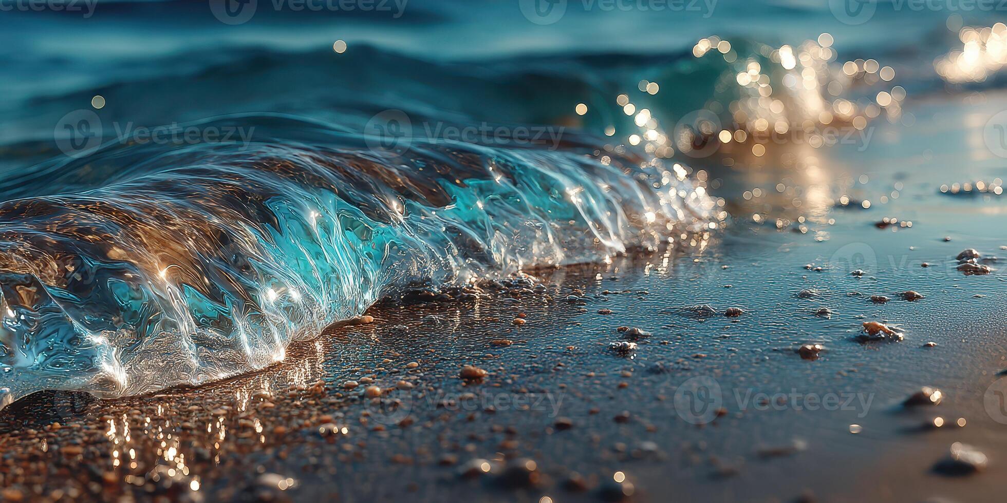 Waves gently crash on the sandy shore at sunset with sparkling water reflecting golden light photo