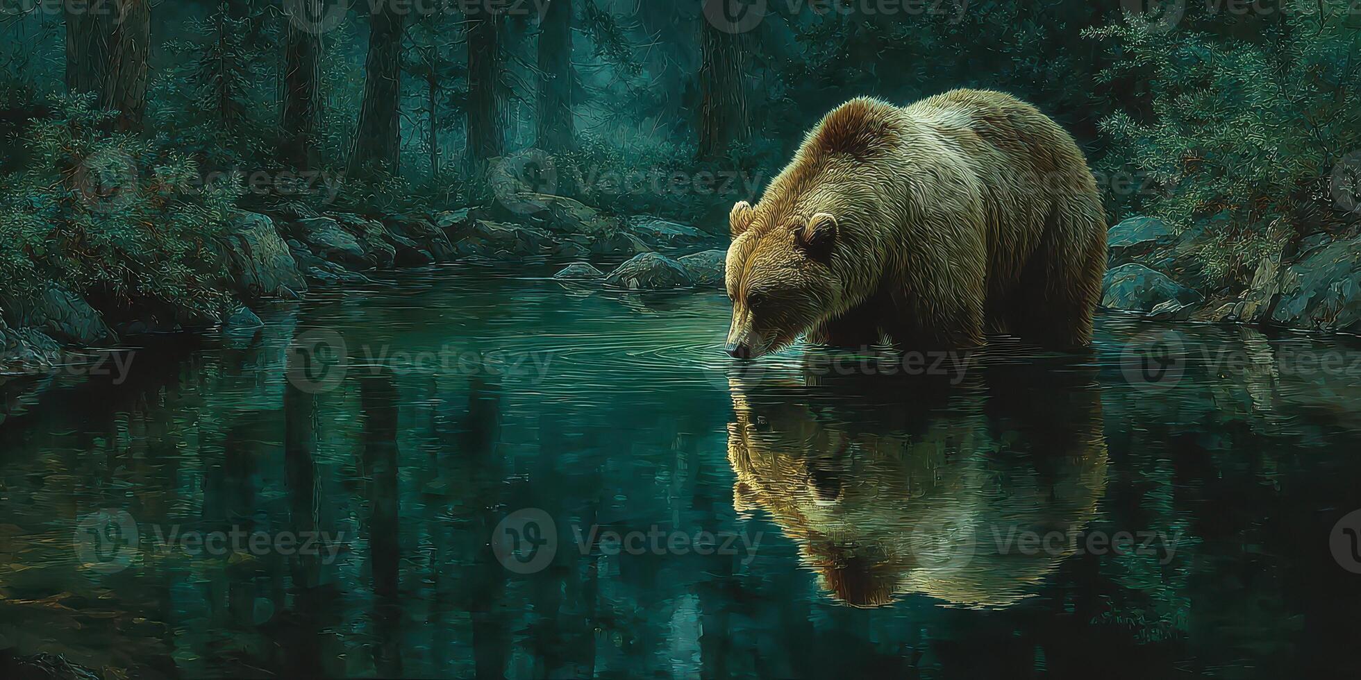 Grizzly bear forages in tranquil forest stream during twilight hours photo