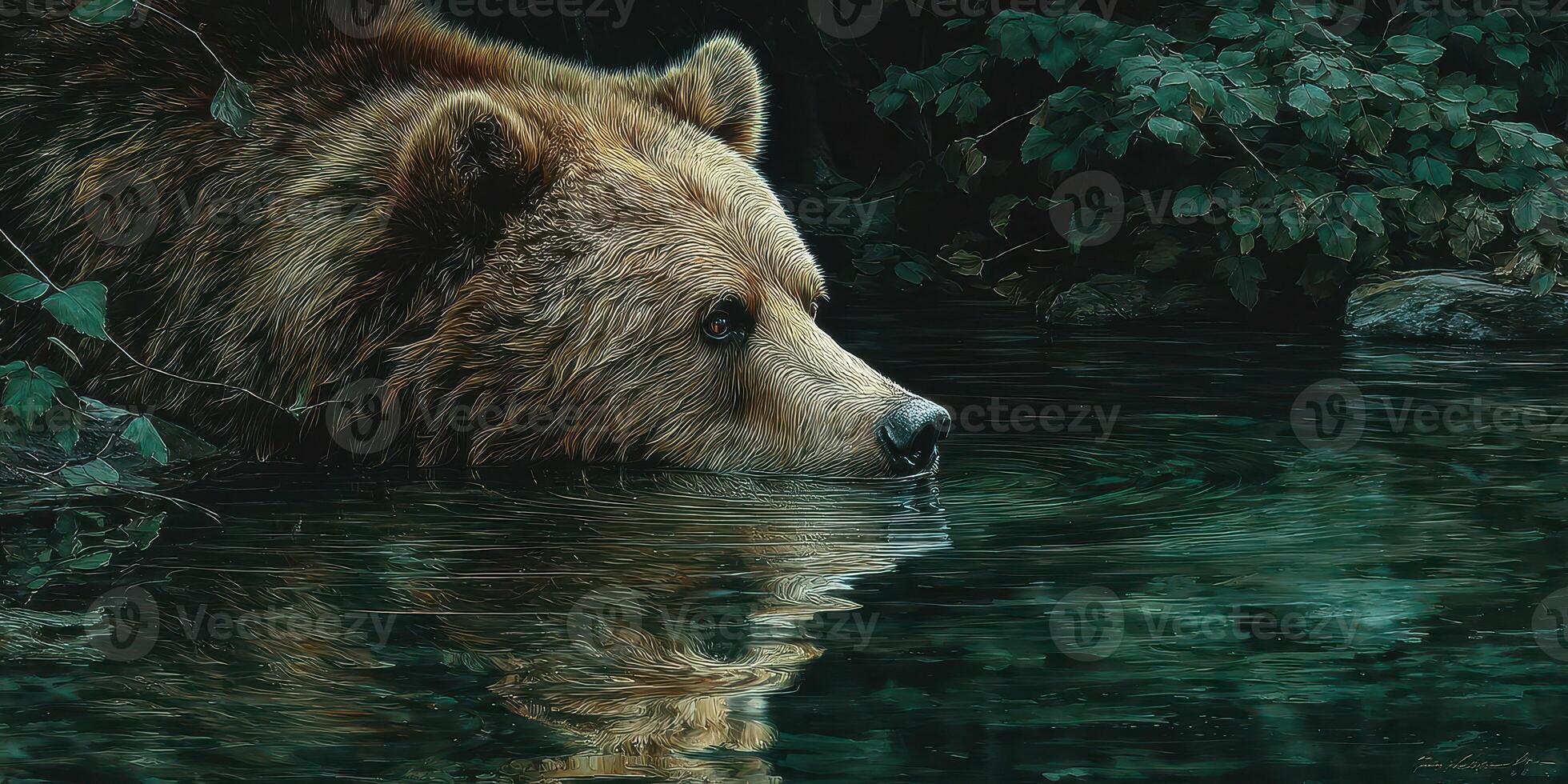 Grizzly bear swimming in serene forest pond during twilight with lush greenery surrounding the water photo