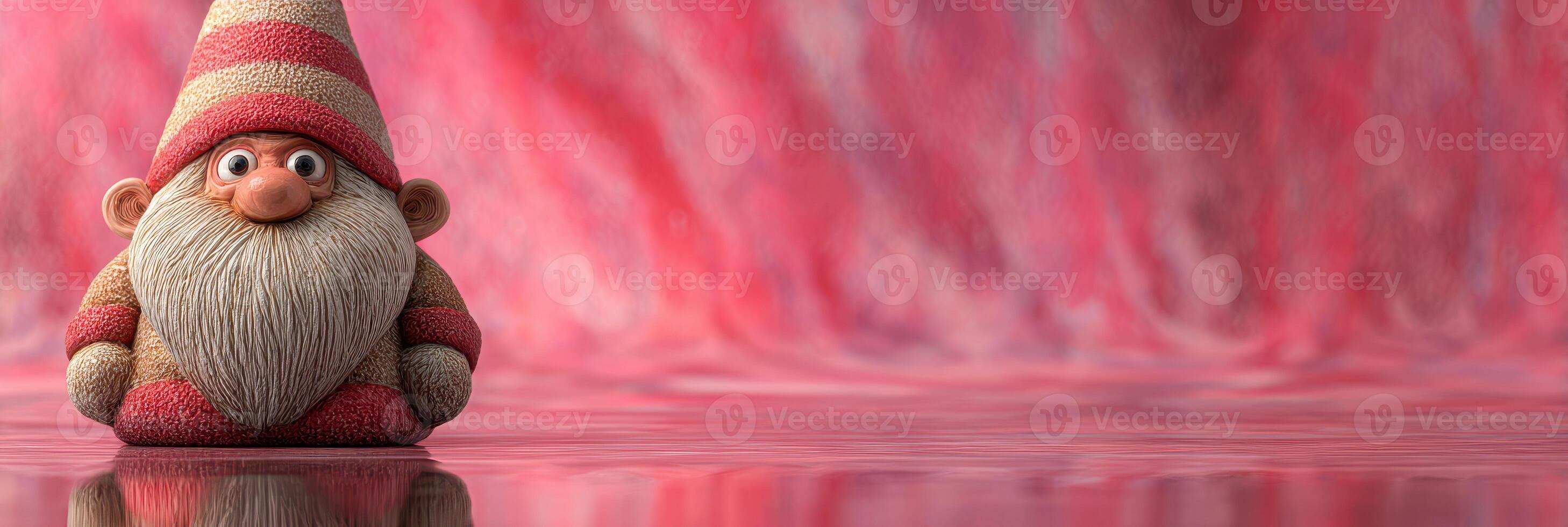 Cheerful gnome figurine stands against a vibrant pink background reflecting joy and creativity in a whimsical setting photo