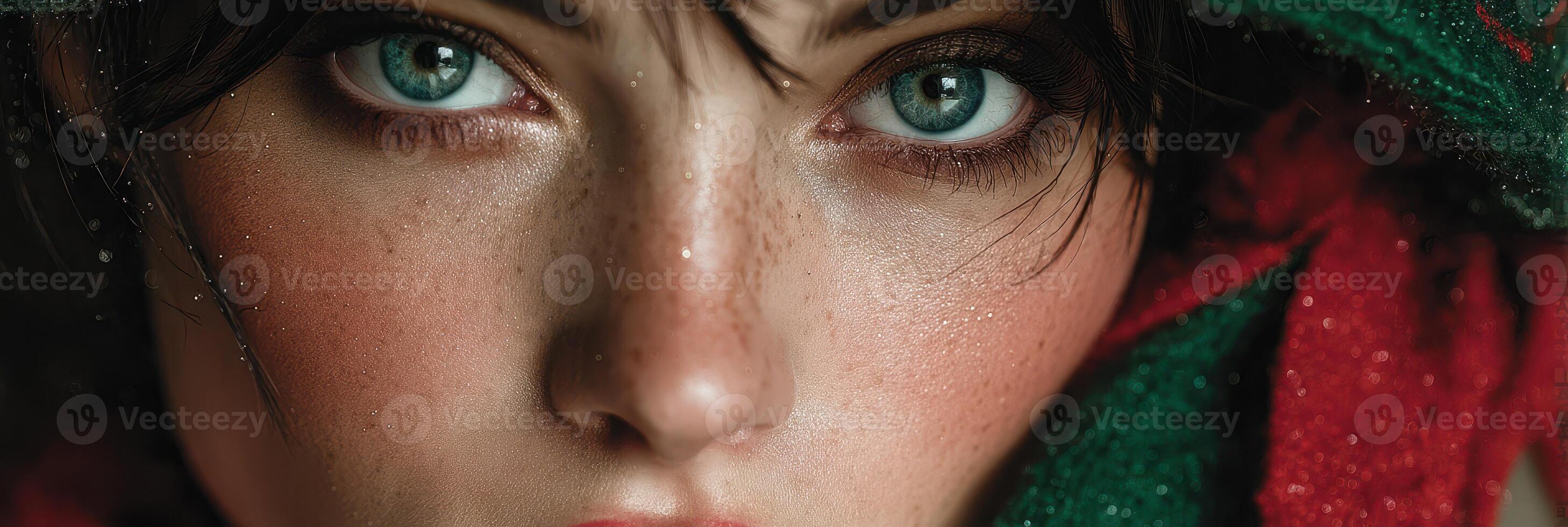 Close-up of a young woman with striking blue eyes and subtle freckles wrapped in a colorful scarf in a winter setting photo