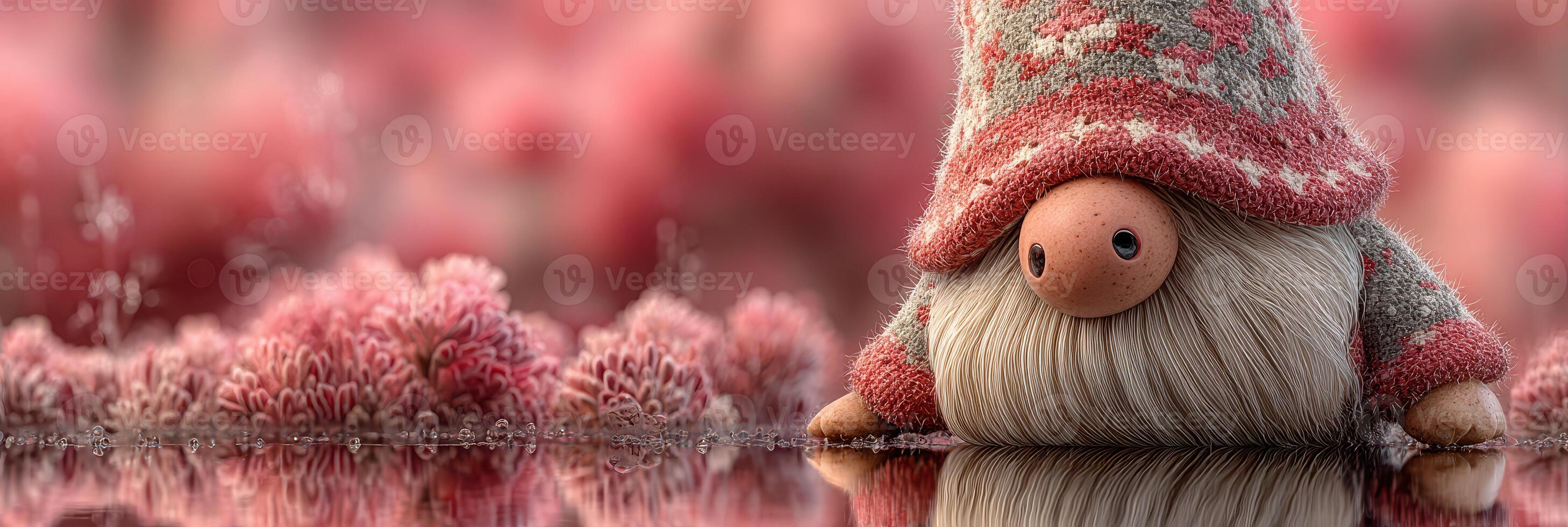 Gnome resting by a serene pink landscape during twilight, showcasing whimsical charm and tranquility photo