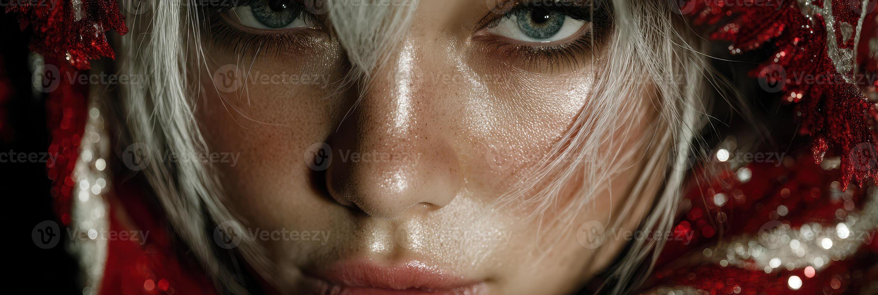 Close-up portrait of a person with striking features and unique makeup in a dramatic setting photo