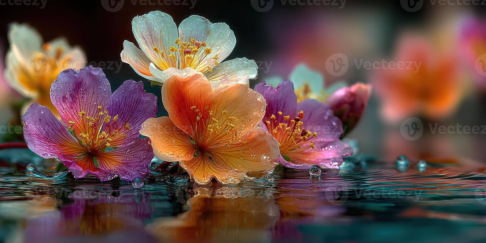 Colorful blossoms float gracefully on calm water with droplets reflecting light in a serene garden setting photo