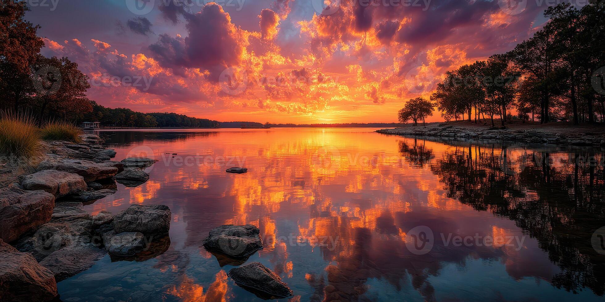 Vibrant sunset reflects on calm lake surrounded by trees and stones in a tranquil landscape during twilight photo