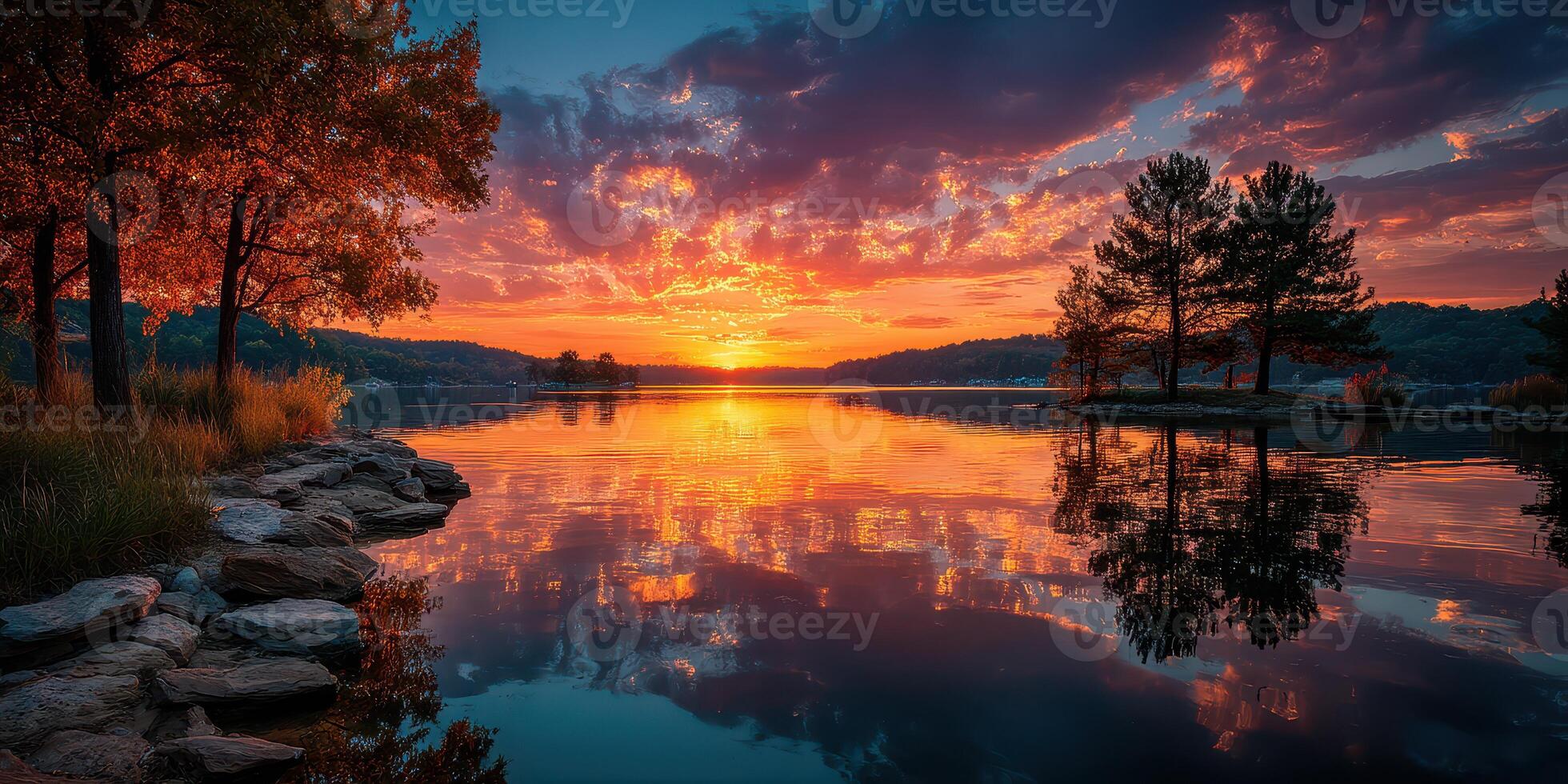 Colorful sunset over tranquil lake surrounded by trees and vibrant skies in autumn photo