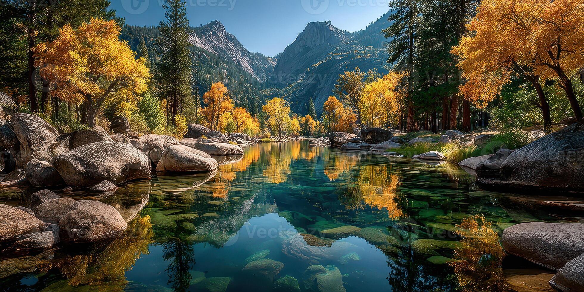 Vibrant autumn landscape reflects in a tranquil river surrounded by mountains and golden trees photo