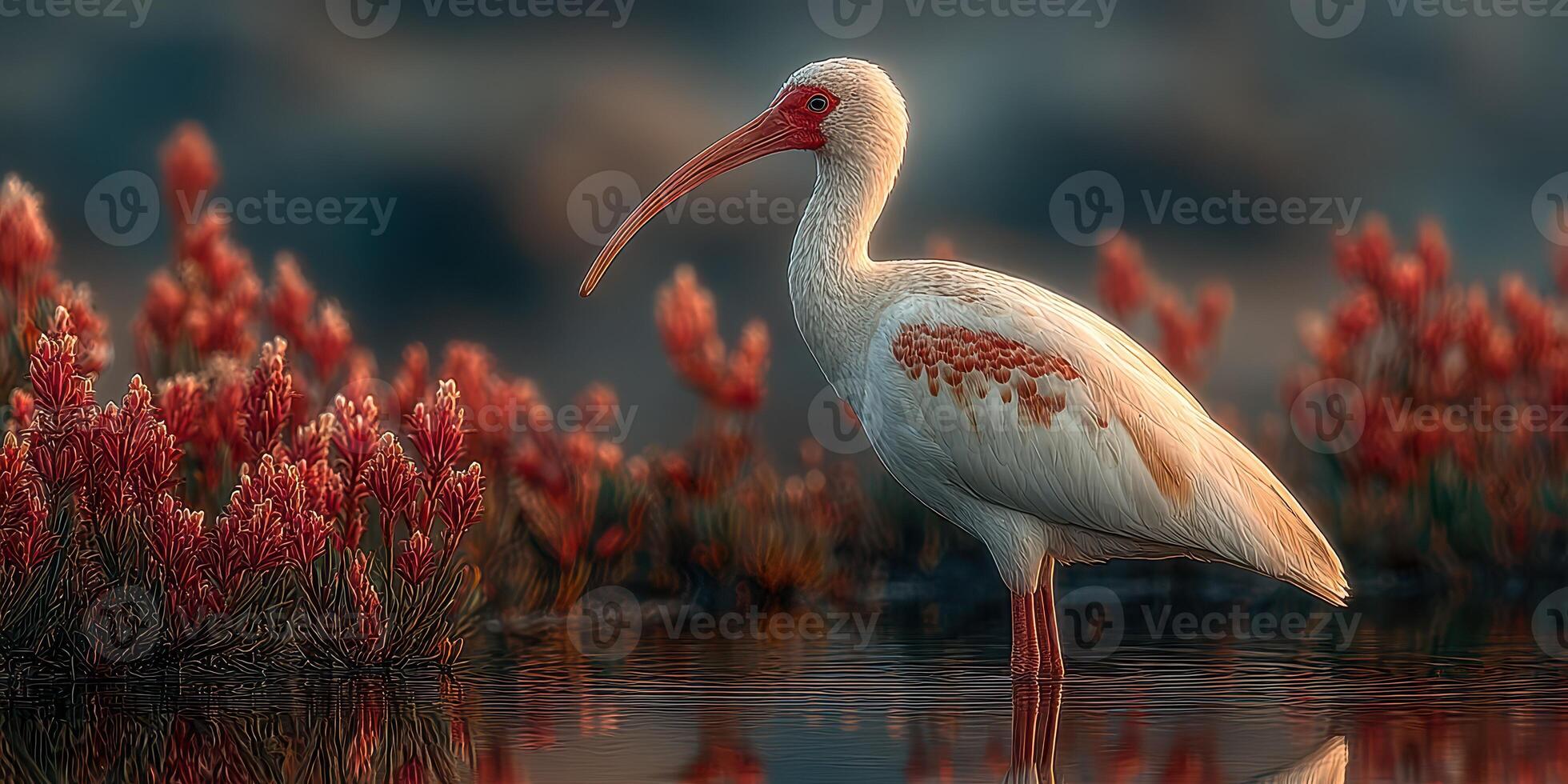 White ibis stands gracefully in shallow waters surrounded by vibrant red vegetation at sunset in a serene wetland photo