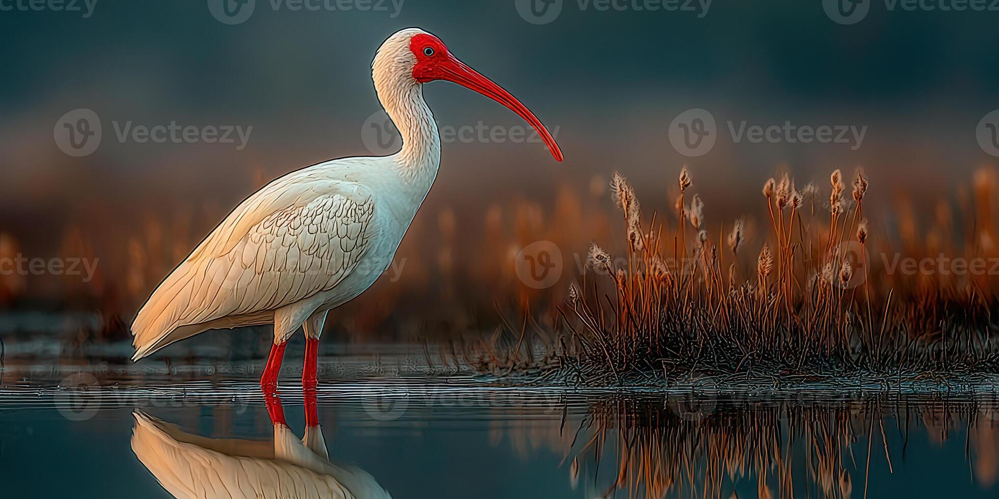 White ibis stands elegantly by the water's edge in a serene wetland environment during early morning light photo