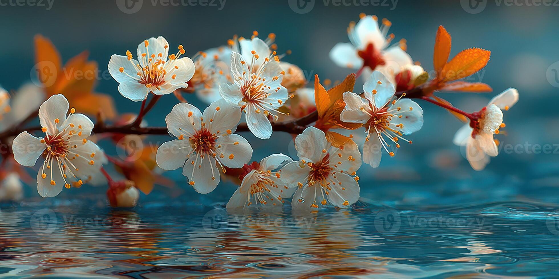 Delicate white flowers with orange accents floating on tranquil blue water in early spring afternoon light photo