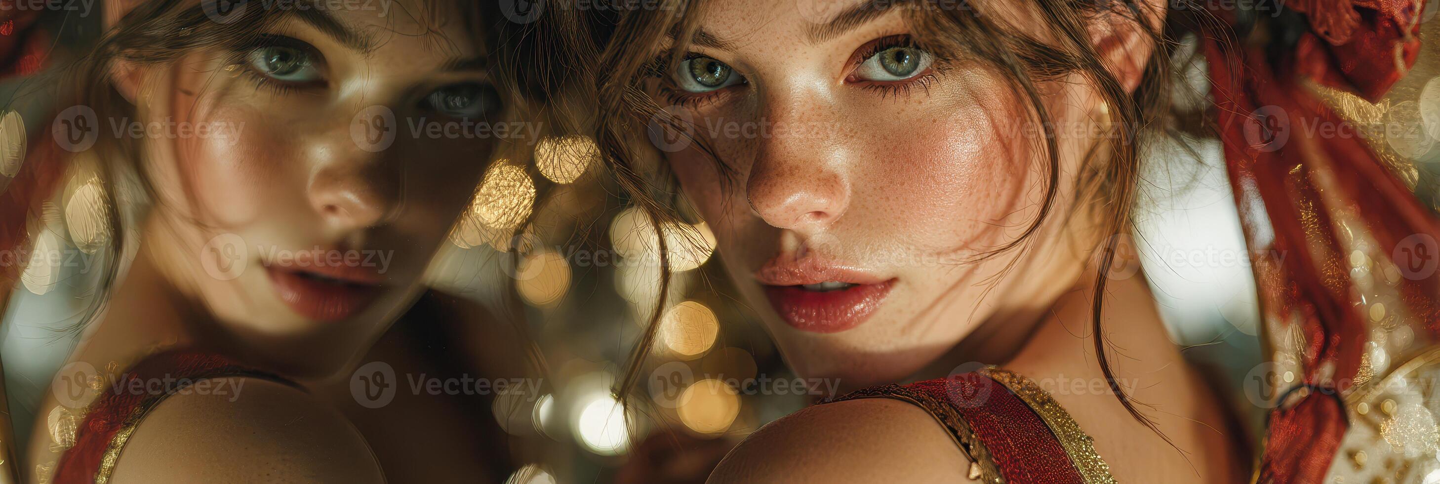 Model poses gracefully with soft lighting and reflections during an elegant photoshoot at an indoor venue in the evening photo