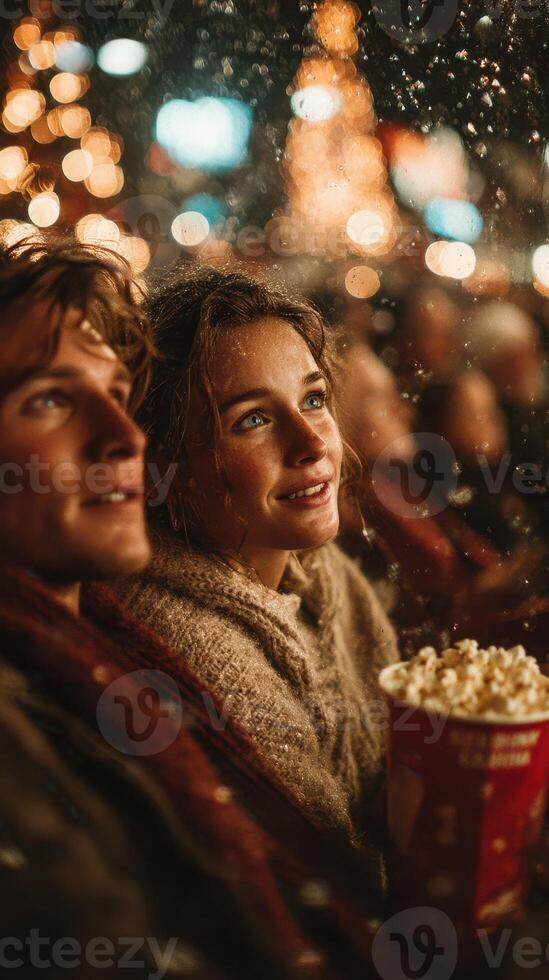 Two friends enjoying a movie night under twinkling lights in an outdoor setting while sharing popcorn during the festive season photo