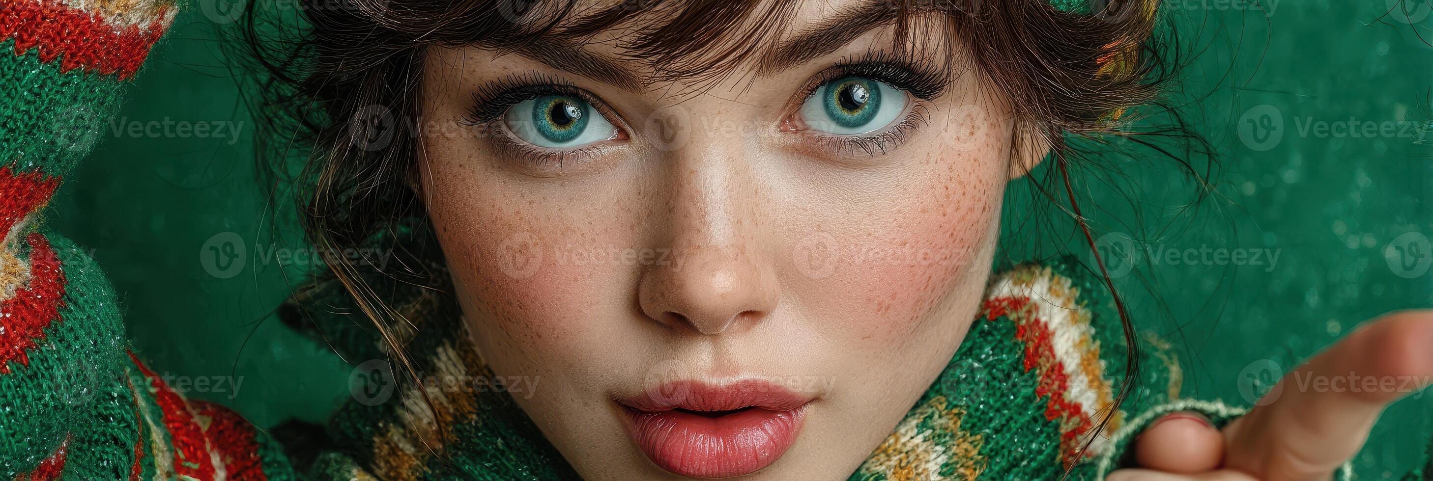 Model showcases vibrant makeup style with playful expression against a vivid green backdrop during a fashion shoot photo