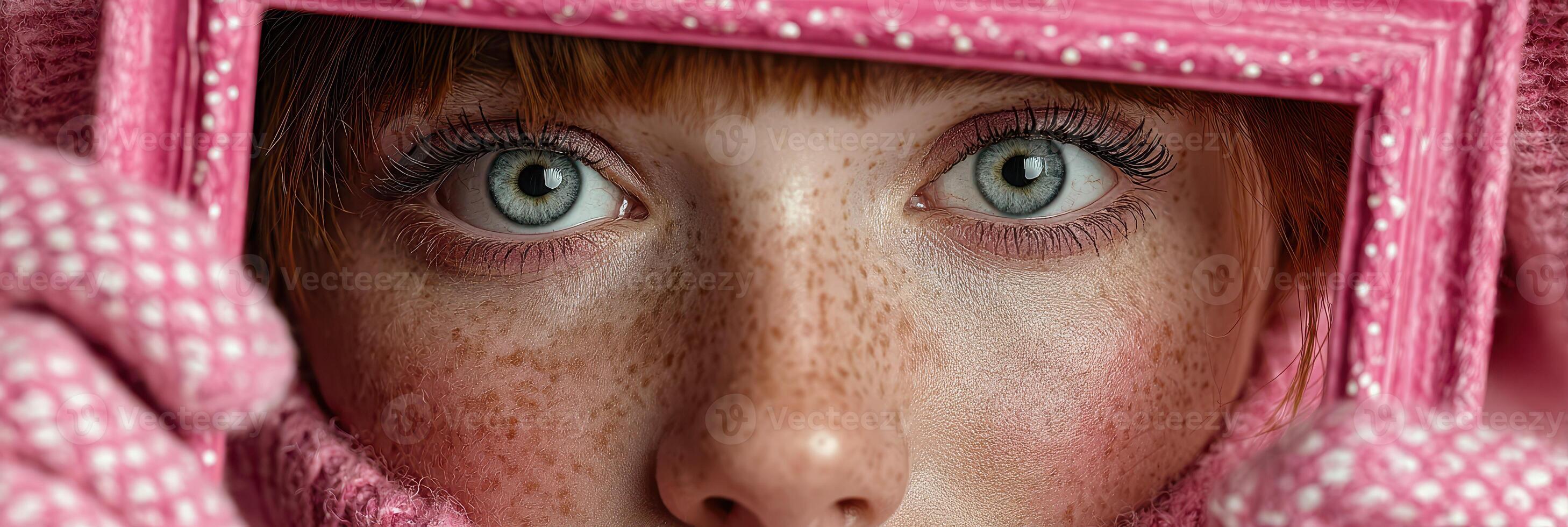 Portrait of a model with striking blue eyes framed with a pink accessory and playful gloves during a creative photoshoot in a studio setting photo