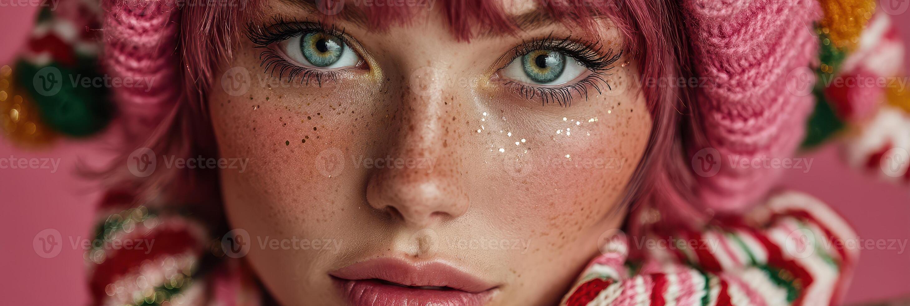 Close-up of a model with pink hair and freckles wearing a colorful winter hat against a pink background photo
