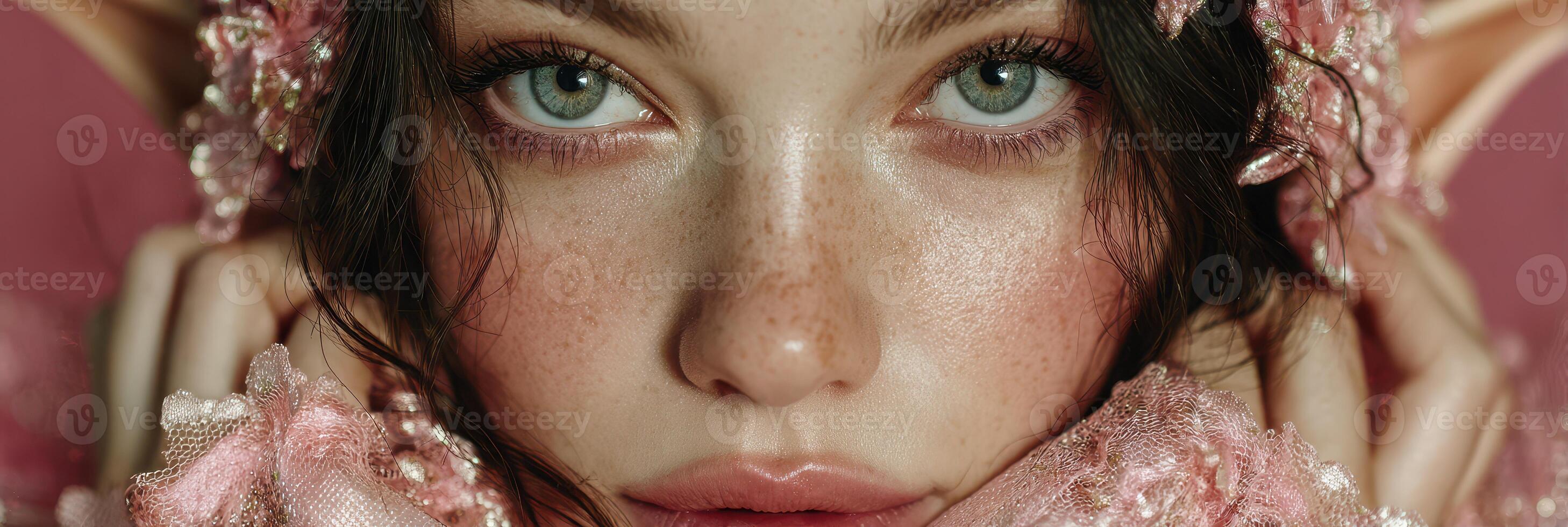 Close-up portrait of a model with striking blue eyes wearing pink fabric in a soft pink background during a fashion shoot photo
