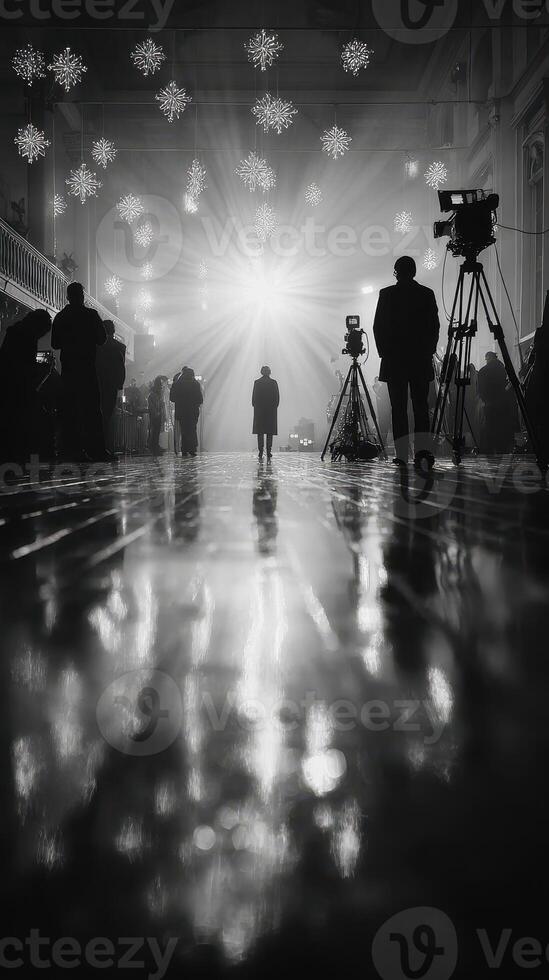 Crowd gathers for special event with lights and cameras capturing the moment in elegant hall photo