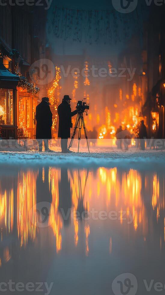 Cold evening with festive lights illuminating street as filmmakers capture the moment in winter setting photo