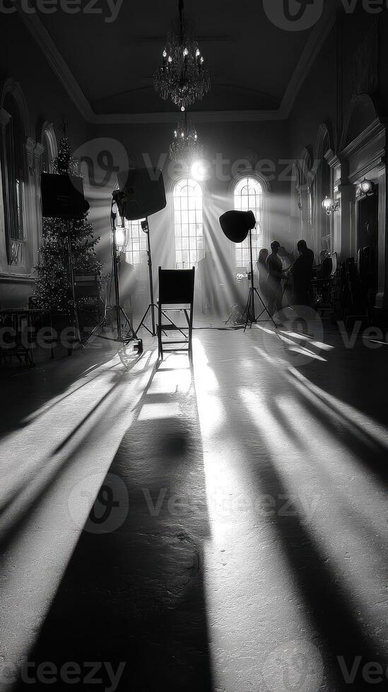 Creative lighting in a spacious room with shadows cast from a single chair during a photoshoot photo