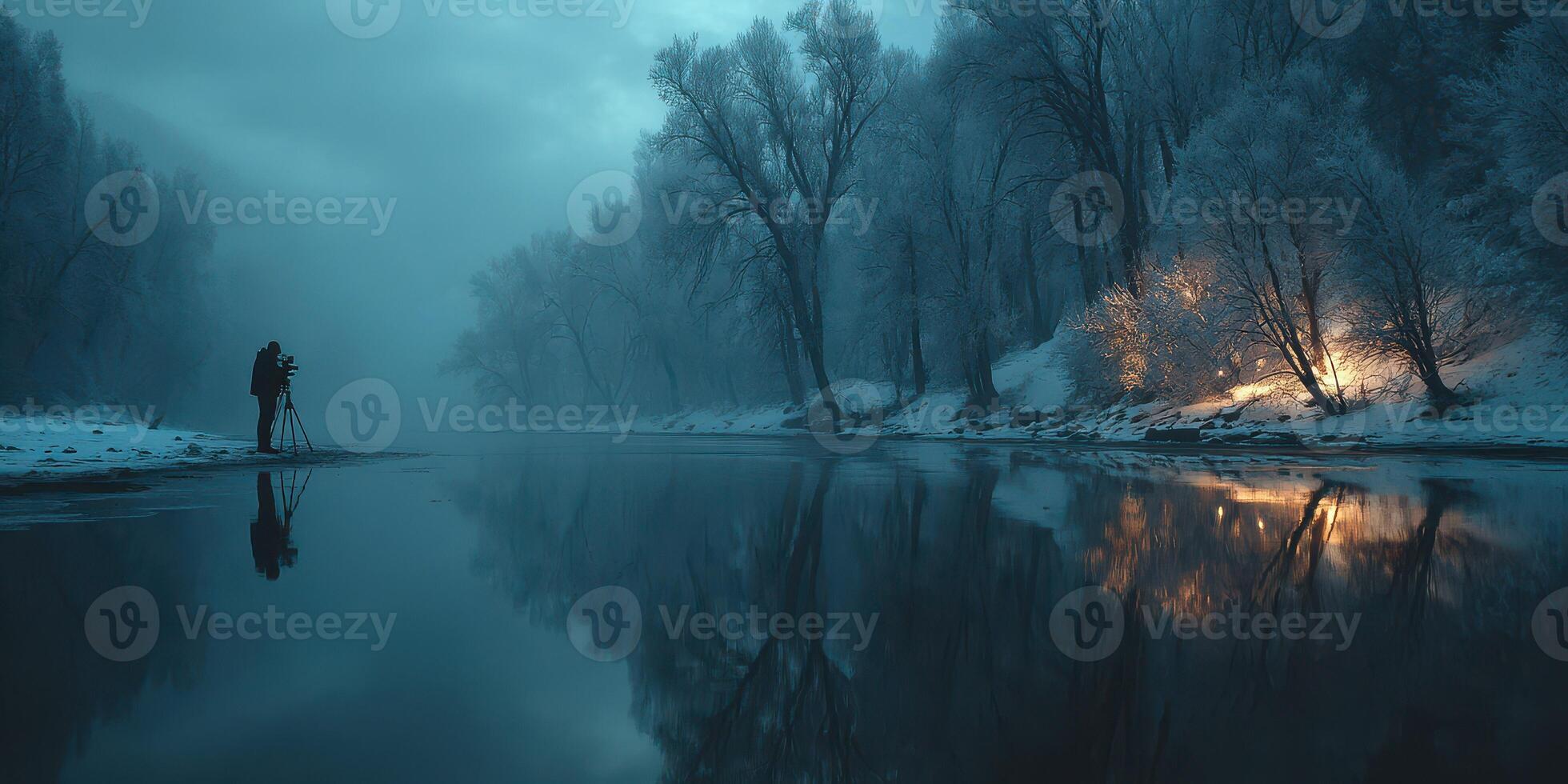 Photographer captures serene winter landscape by the river at dawn with fog and reflections photo