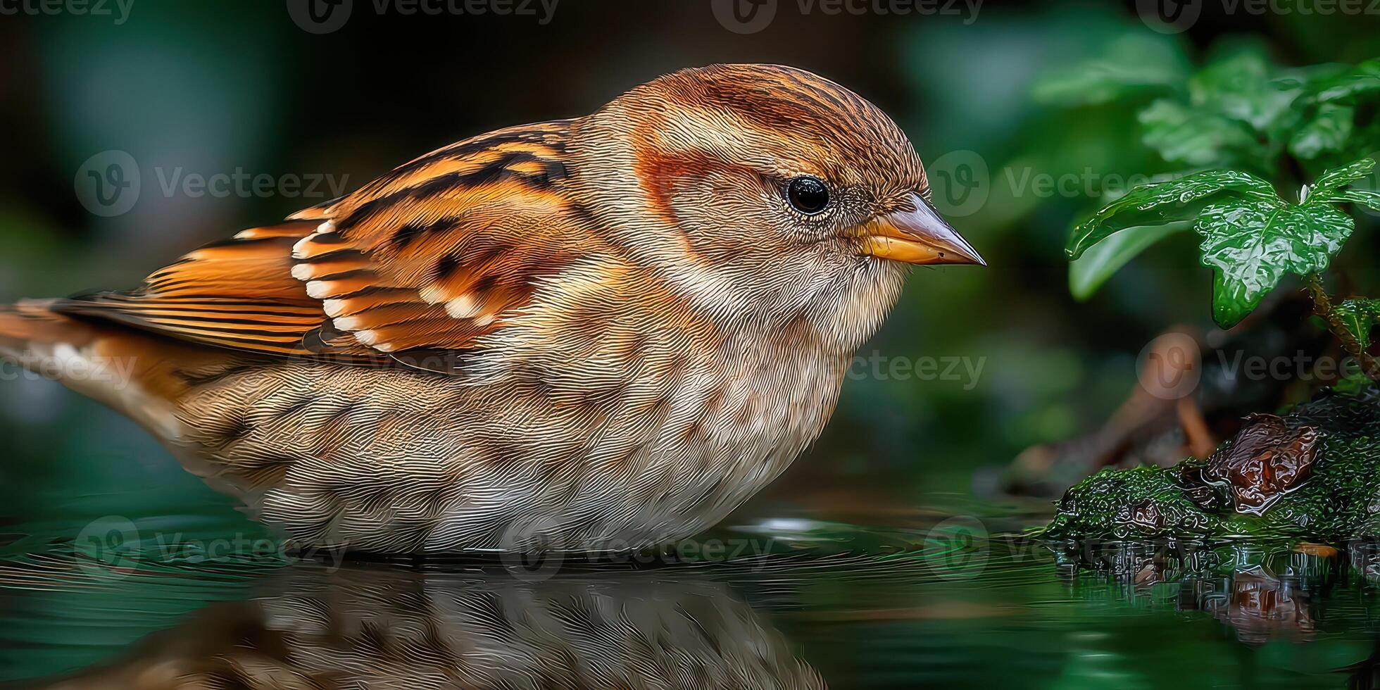Bird drinking water at a serene natural habitat with lush greenery during daylight photo