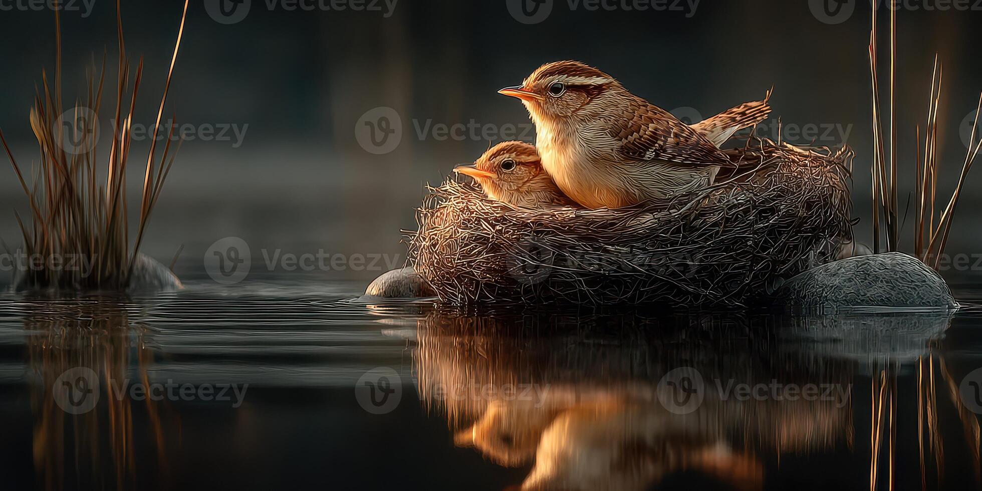Nest with mother and chick birds in tranquil water setting during golden hour photo