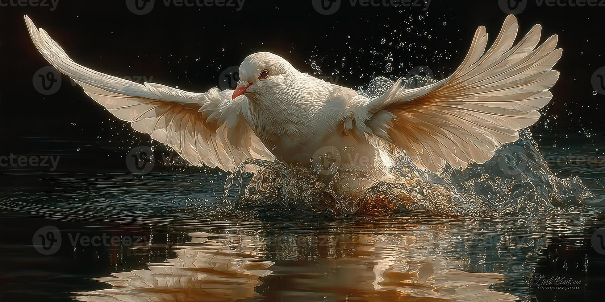 White bird gracefully splashes water while taking flight at sunrise near a tranquil lake landscape photo