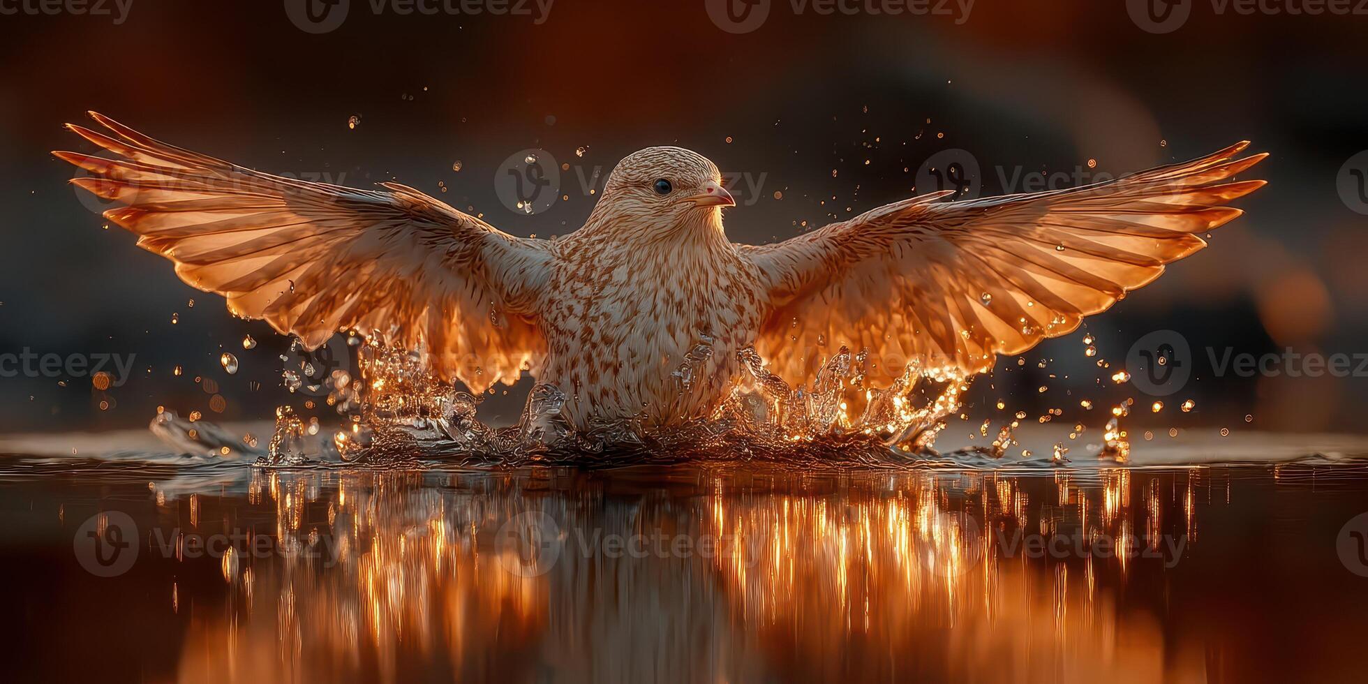 Bird splashing water in a serene setting during golden hour with vibrant colors reflecting on the surface photo