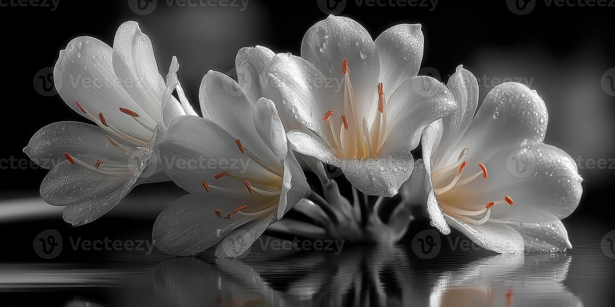 Elegant white flowers with droplets resting on a reflective surface in soft lighting photo
