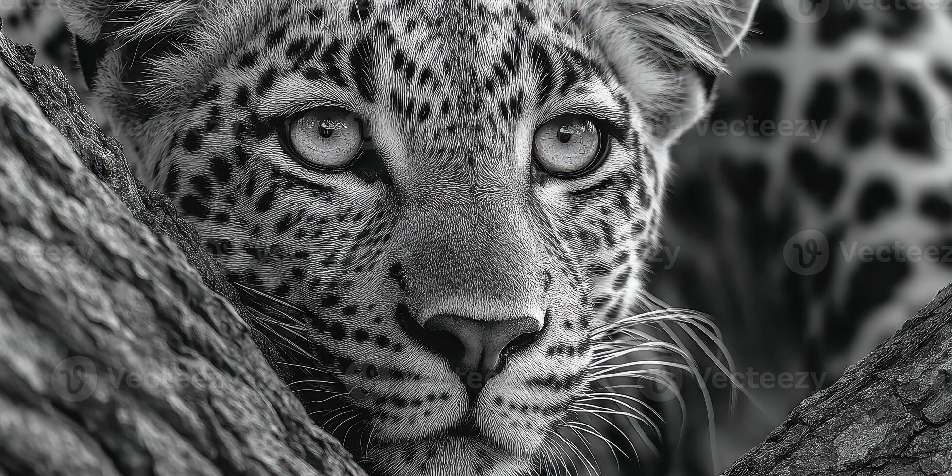 Close-up view of a leopard resting on a tree branch during daylight in a natural habitat photo