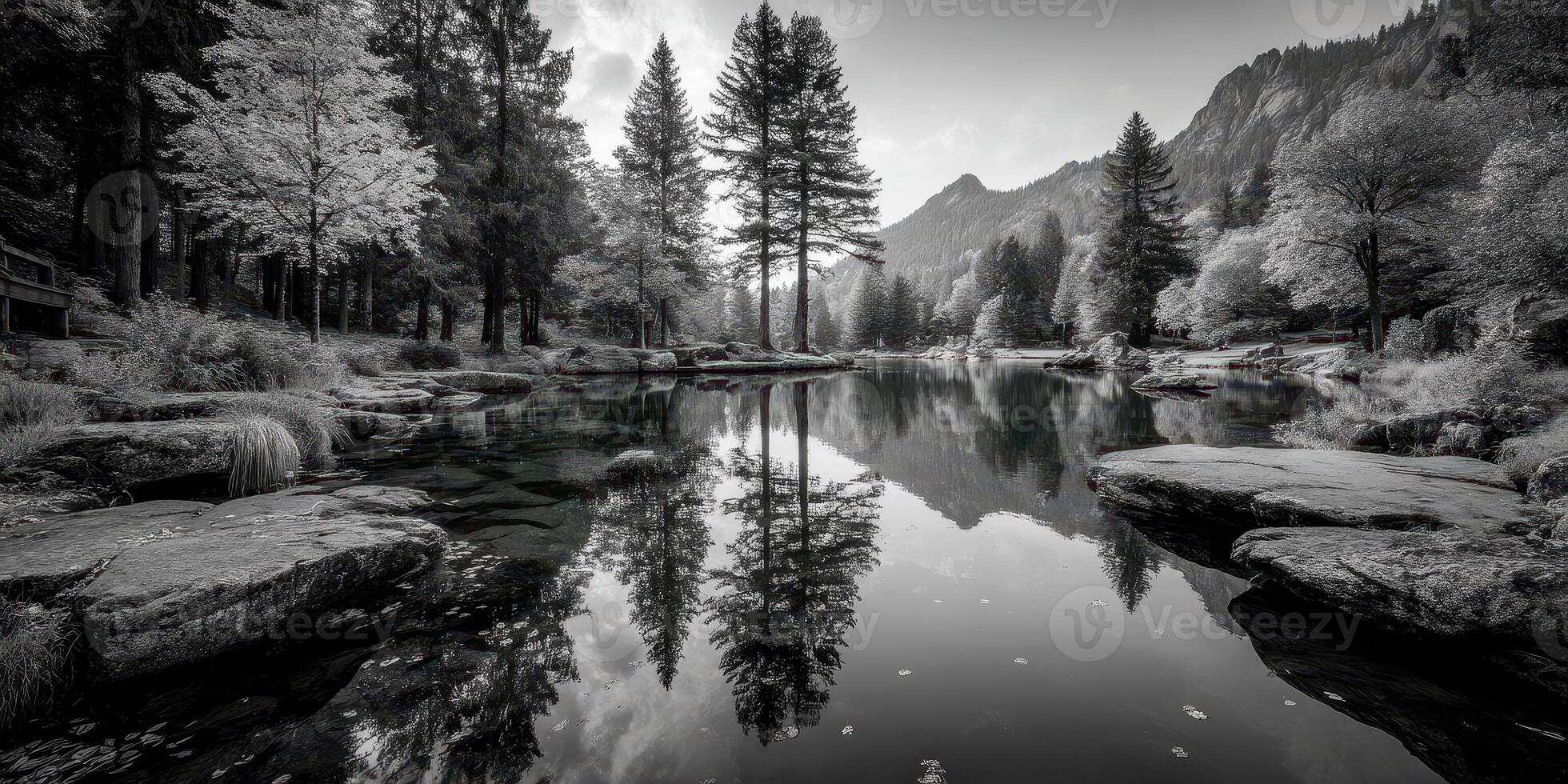 Tranquil reflection of trees in a serene river surrounded by mountains in black and white photo