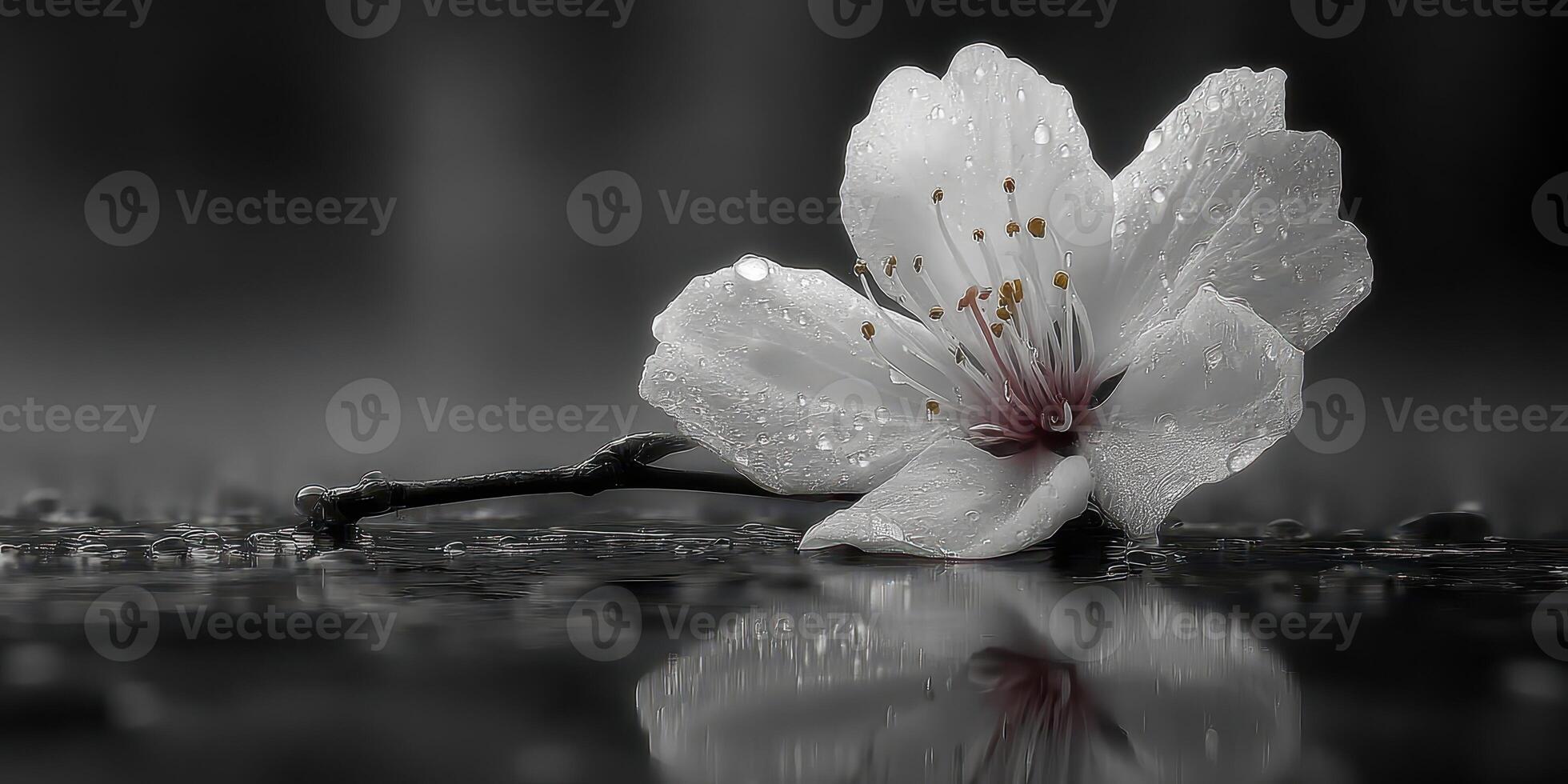 White flower covered in droplets reflects beautifully on a wet surface after a rain shower in a tranquil setting photo