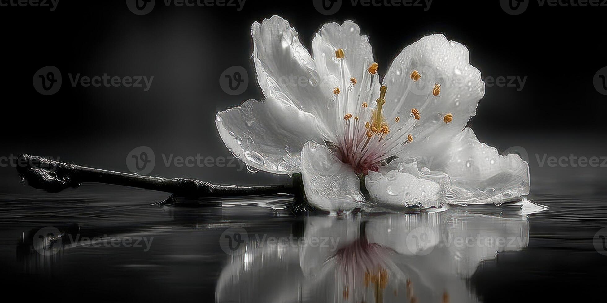 Delicate cherry blossom floating on calm water during early morning light with soft rain droplets photo