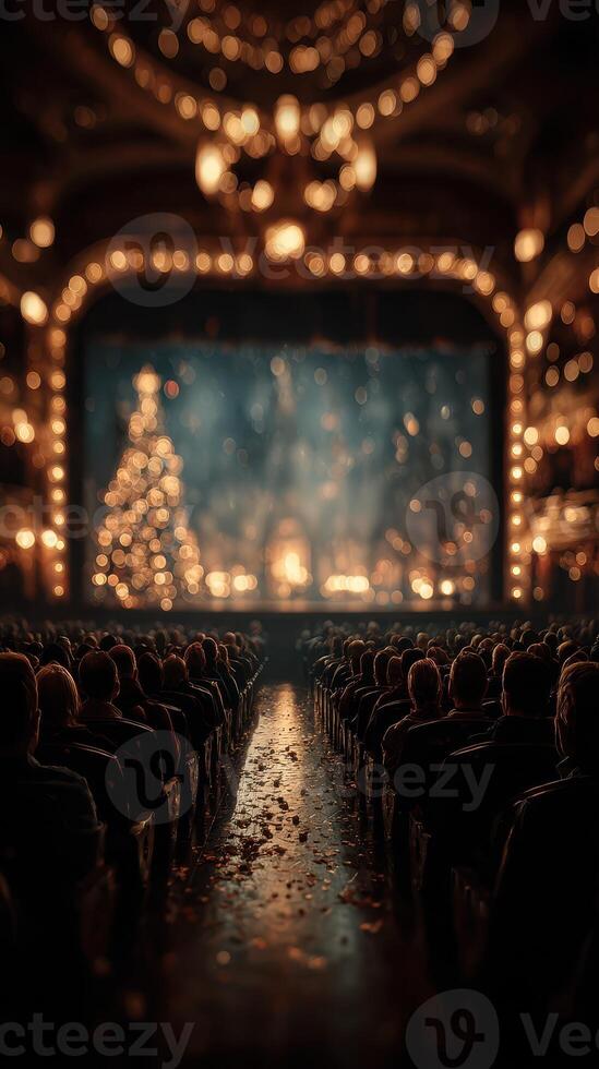 Audience enjoys festive performance in grand theatre adorned with holiday decorations photo