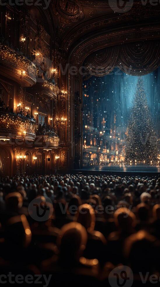 Audience enjoys a holiday performance in a beautifully decorated theater with a large Christmas tree photo