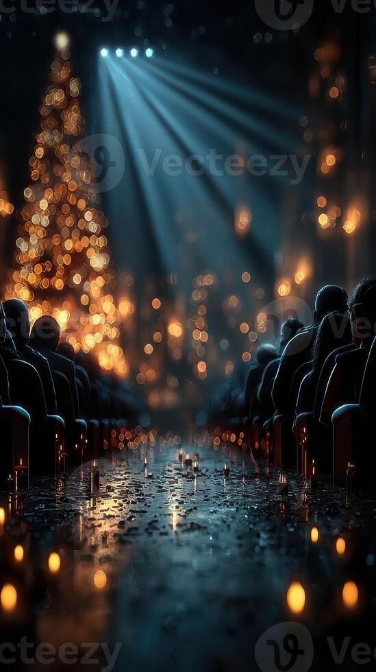 Festive gathering in a dimly lit venue with a beautifully decorated Christmas tree and warm candlelight ambiance photo