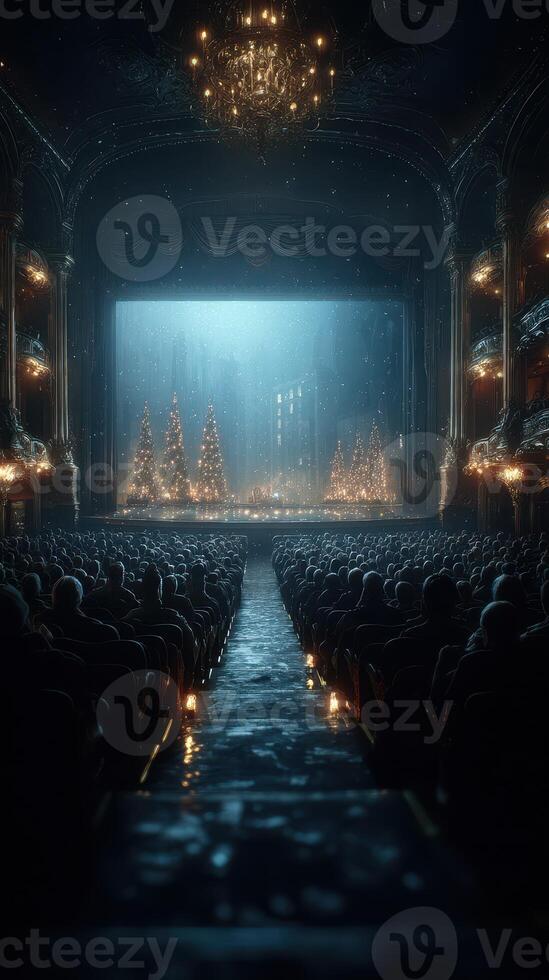 Audience awaits a festive show in an elegant theater adorned for the holiday season photo