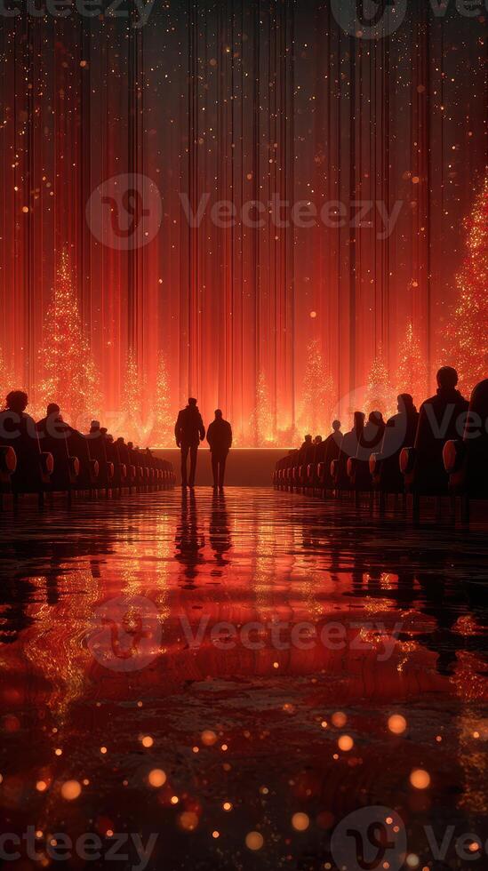 Couple walking towards glowing stage with reflections during a festive evening event in a dimly lit hall photo