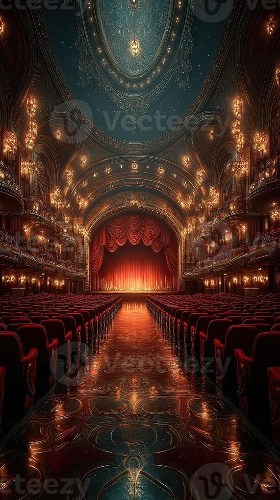Elegant theater interior with ornate decor and empty red seats awaiting a performance under ambient lighting photo