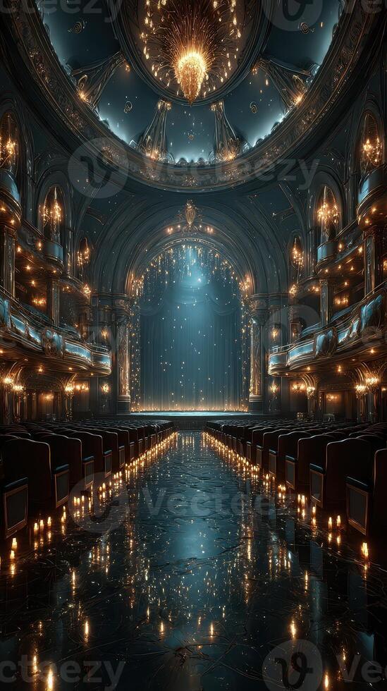Elegant theater interior with golden decorations and candlelit ambiance during a quiet evening performance photo
