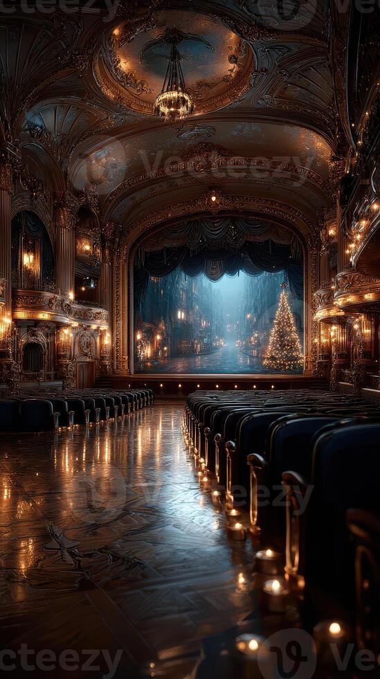 Elegant theater interior with Christmas tree and candlelight creating a warm atmosphere during a festive evening photo