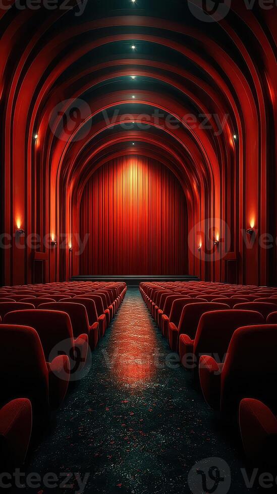 Empty theater with red curtains and plush seating ready for evening performance in a historic venue photo