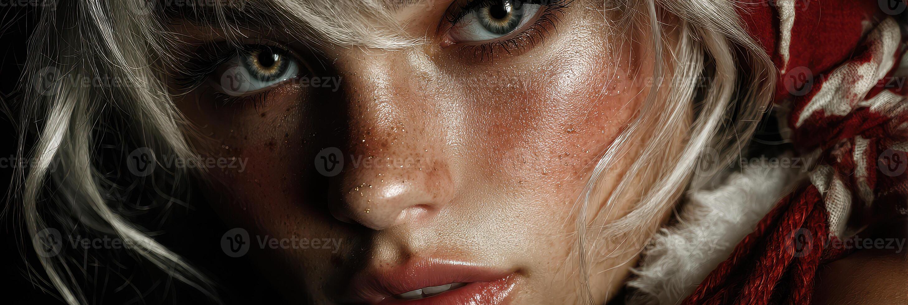 Close-up of a young woman with striking eyes and silver hair, showcasing unique makeup while wearing festive attire photo